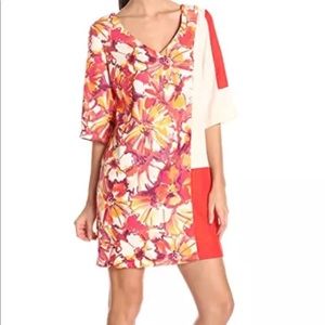 Donna Morgan Coral Floral Color Block V Neck Dress